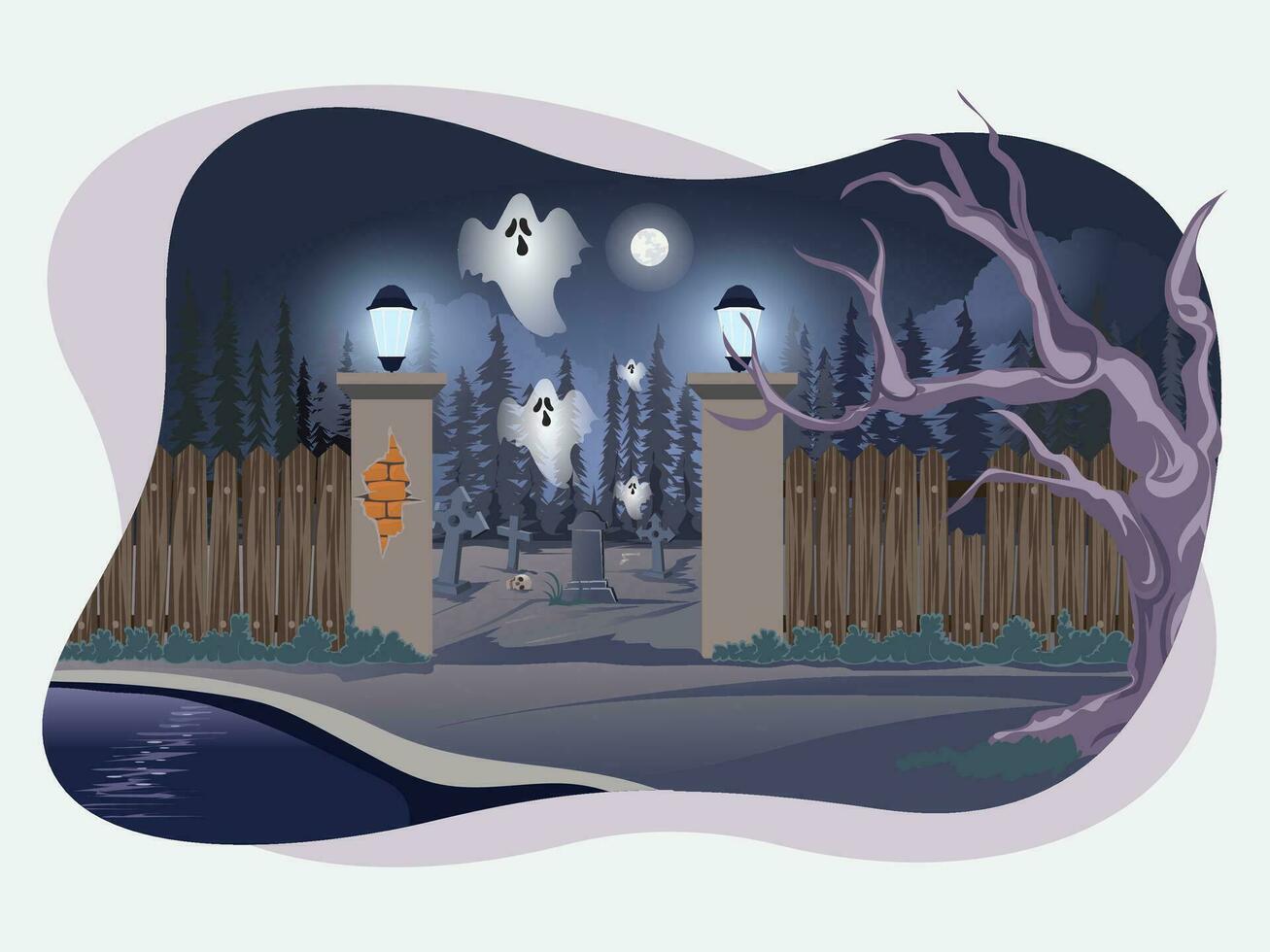 Halloween Pumpkins and Tombstones in the Graveyard Vector Background Bundle Pack Set Template