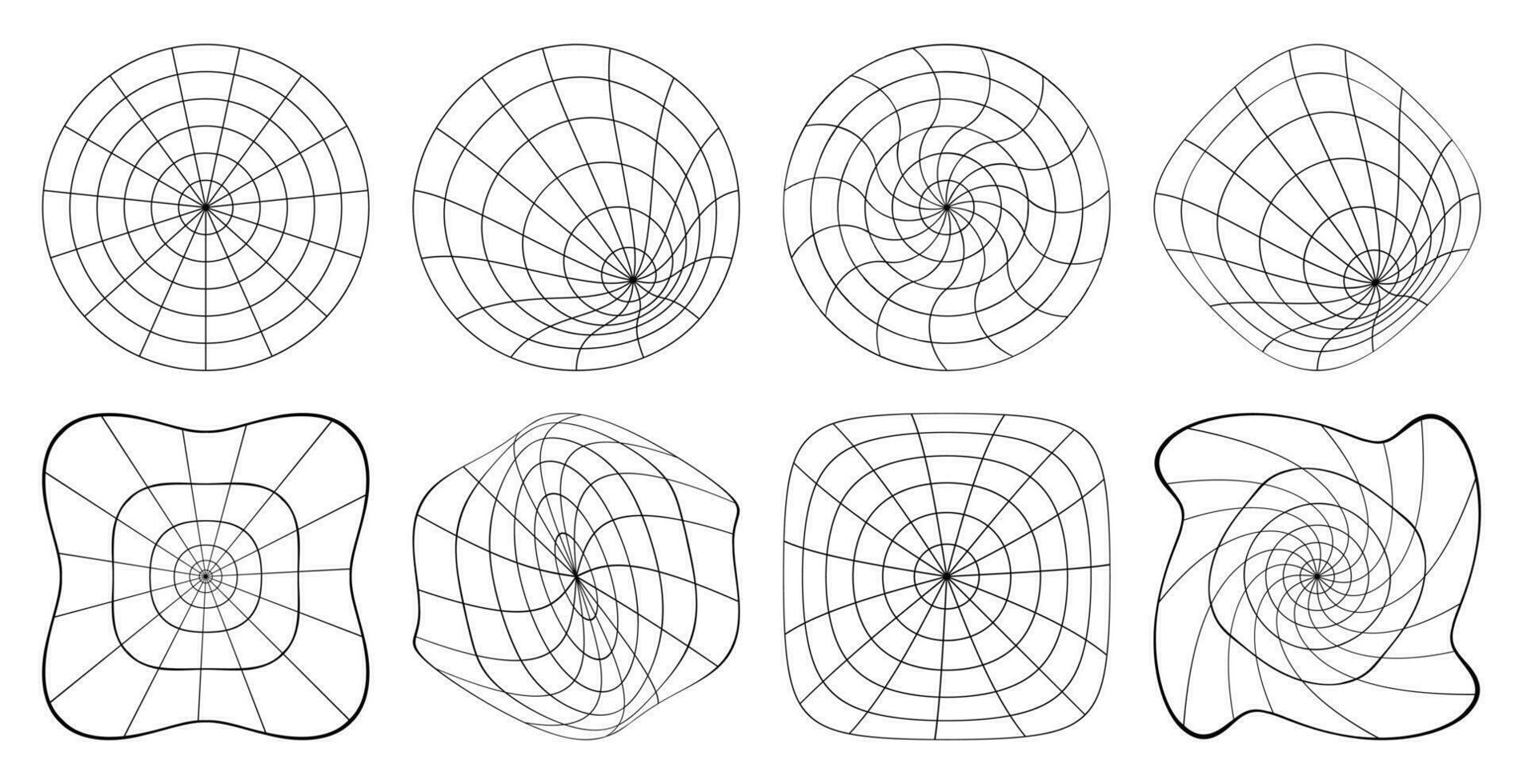 Set of black wireframe grids, shapes in Y2K style vector