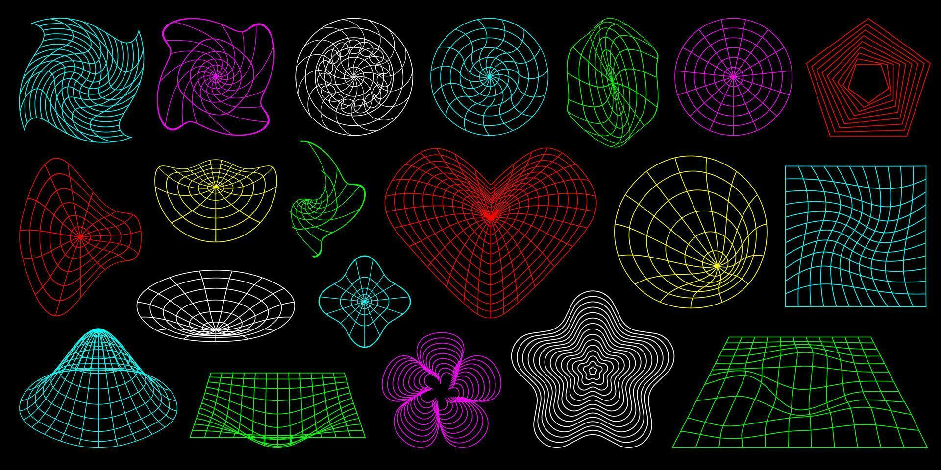 Collection of neon color 3D wireframe shapes, perspective grids and heart. Y2K design elements. vector