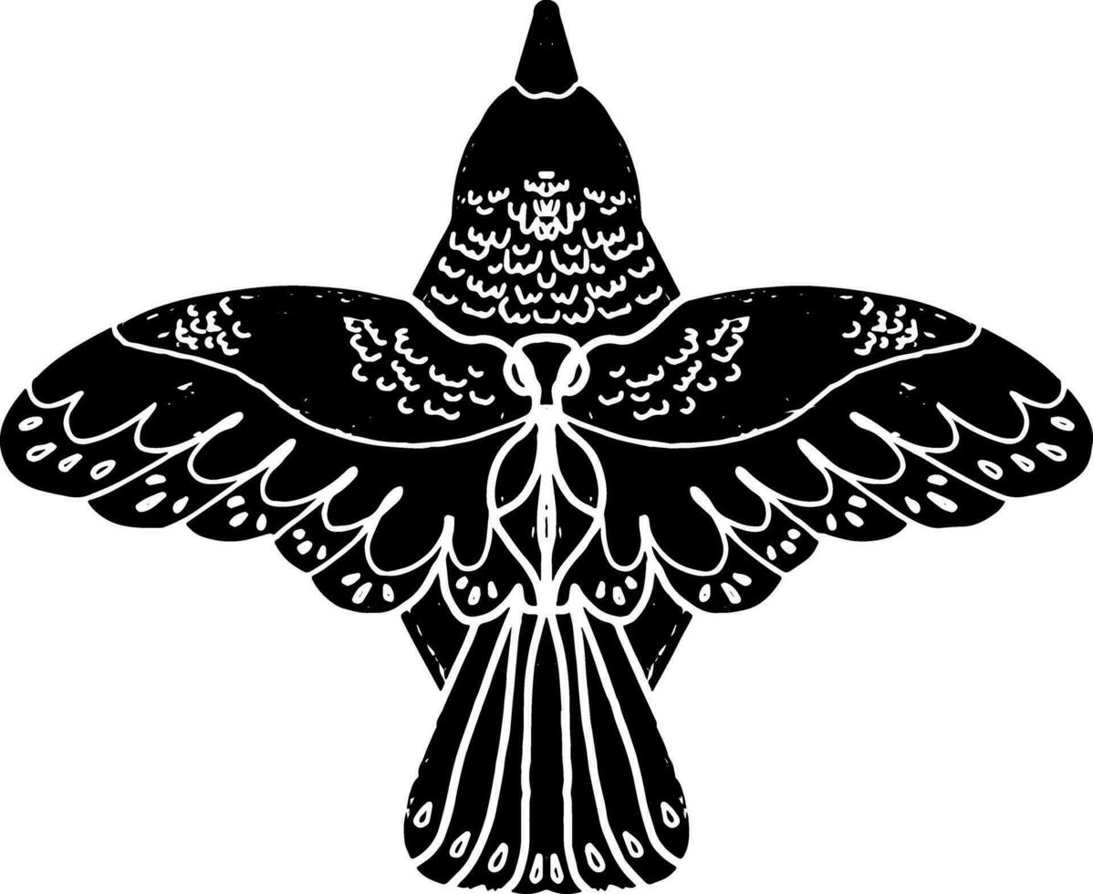 a black and white drawing of a bird with wings vector
