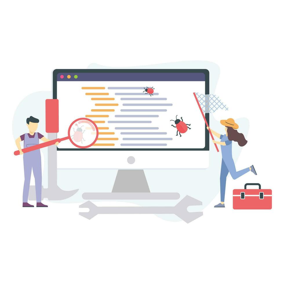 Fixing bugs in the code illustration useable for  both web or mobile app design vector