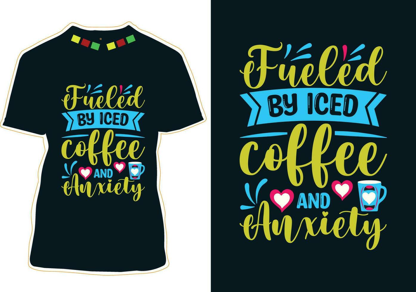 alimentado por con hielo café y ansiedad, internacional café día camiseta diseño vector