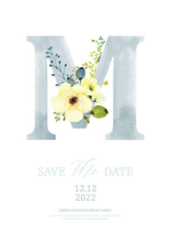 Gray watercolor of alphabet A decorated with yellow bouquet vector