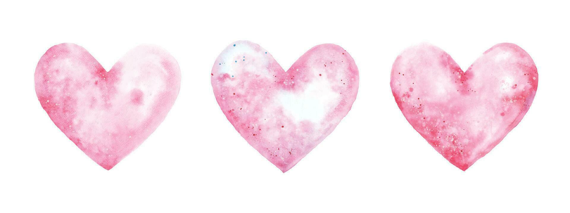 Hand-painted watercolor pink hearts set vector