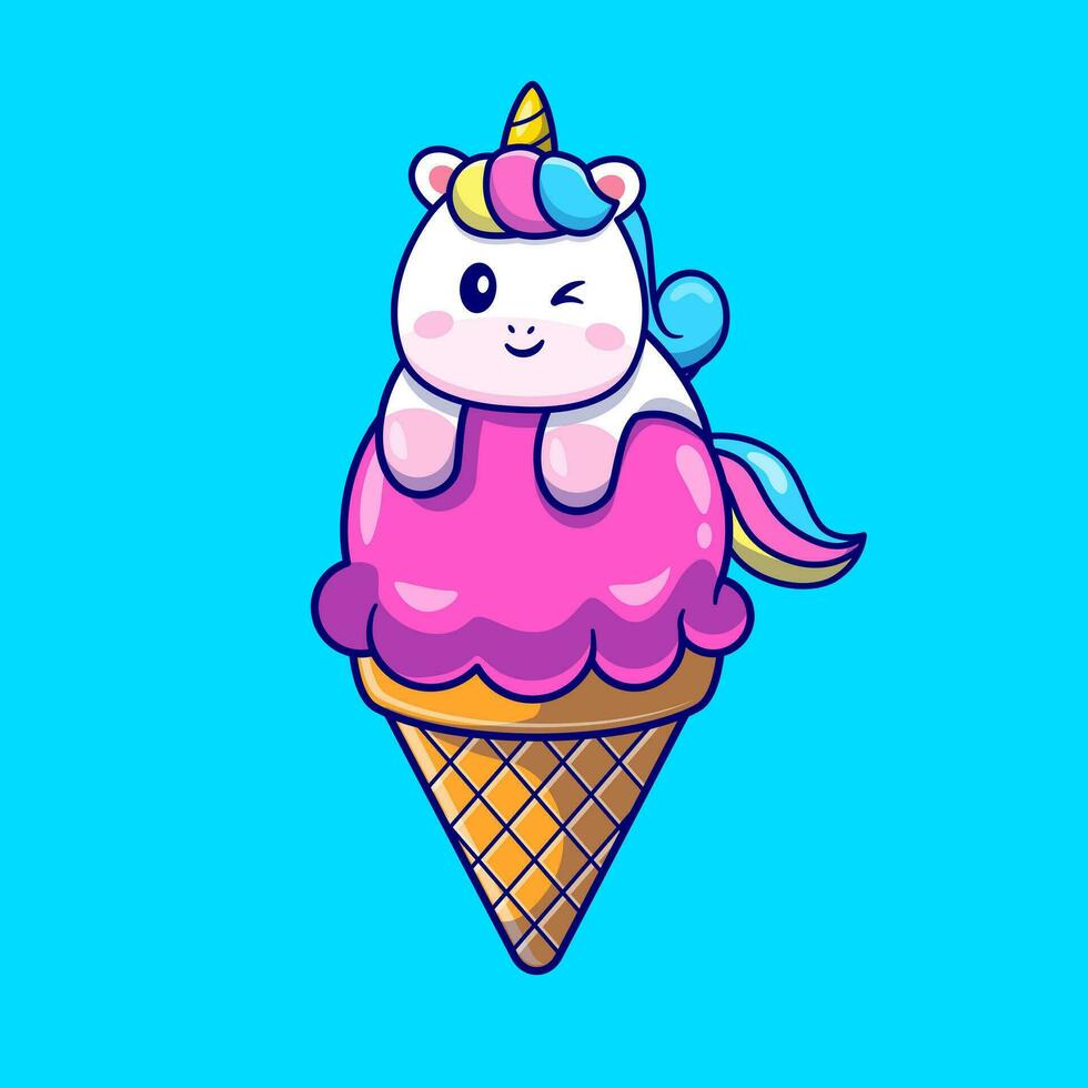 Cute Unicorn On Ice Cream Cone Cartoon Vector Icon  Illustration. Animal Food Icon Concept Isolated Premium  Vector. Flat Cartoon Style