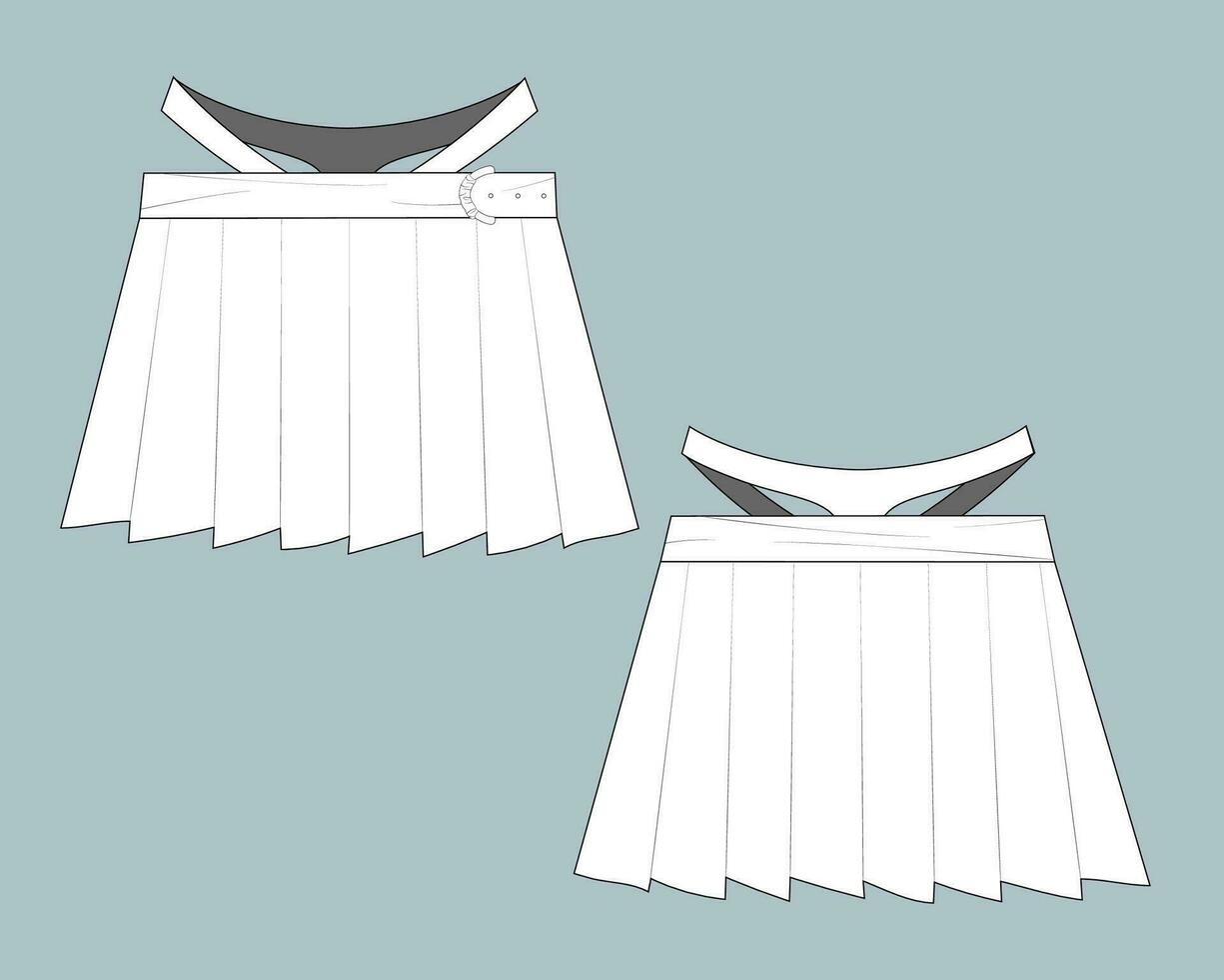 mini skirt fashion flat technical sketch drawing template. vector