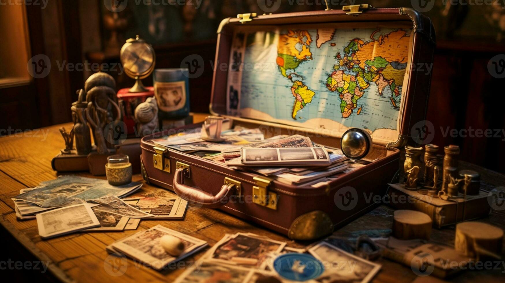 weathered wooden table, a worn passport, a well-traveled backpack, and a vintage suitcase, AI Generative photo