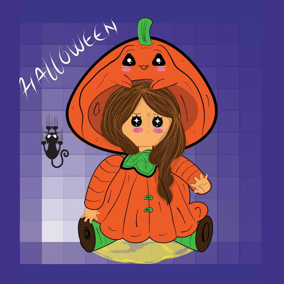 Girl disguised as a pumpkin. Halloween costume kawaii - Vector
