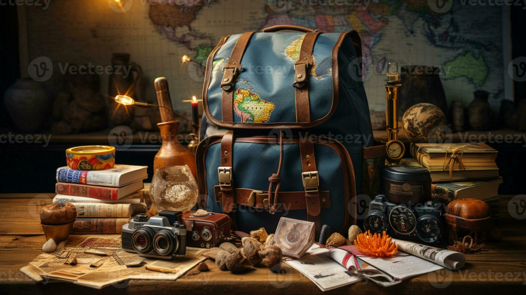 Leather Back Pack For Journey, Globe, World map. Passport, AI Generative photo