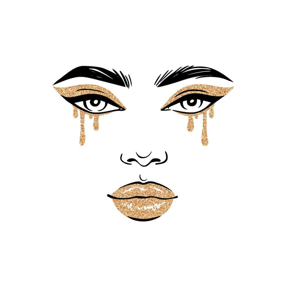 Woman Black Glitter Makeup Illustration. Fashion Girl Face Portrait. Dripping Eyeshadow. Glamour Beauty Model vector