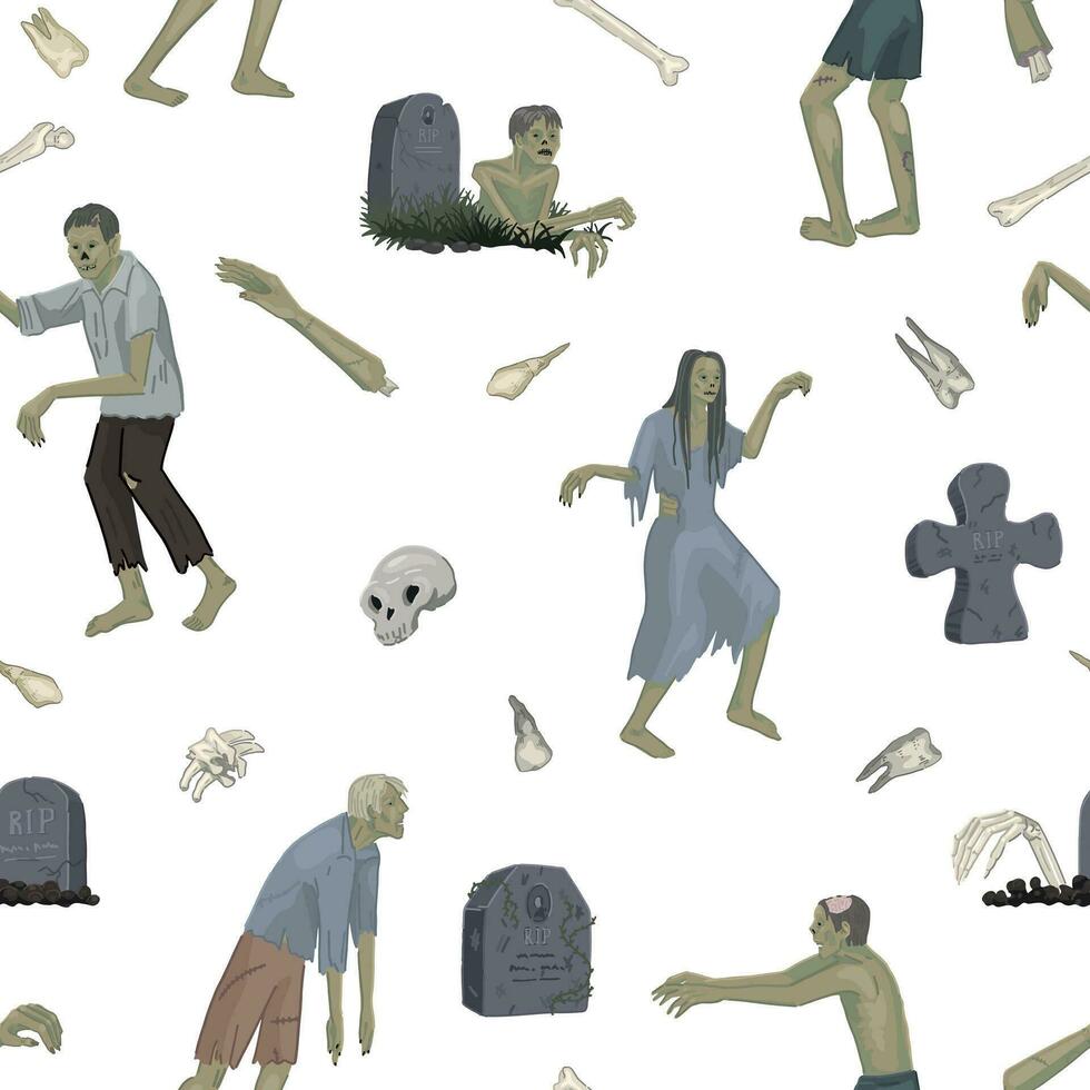 Halloween zombies seamless pattern. Ornament of tombstones, walking dead people, scary monsters, graves, bones, teeth. Vector illustration in cartoon style.