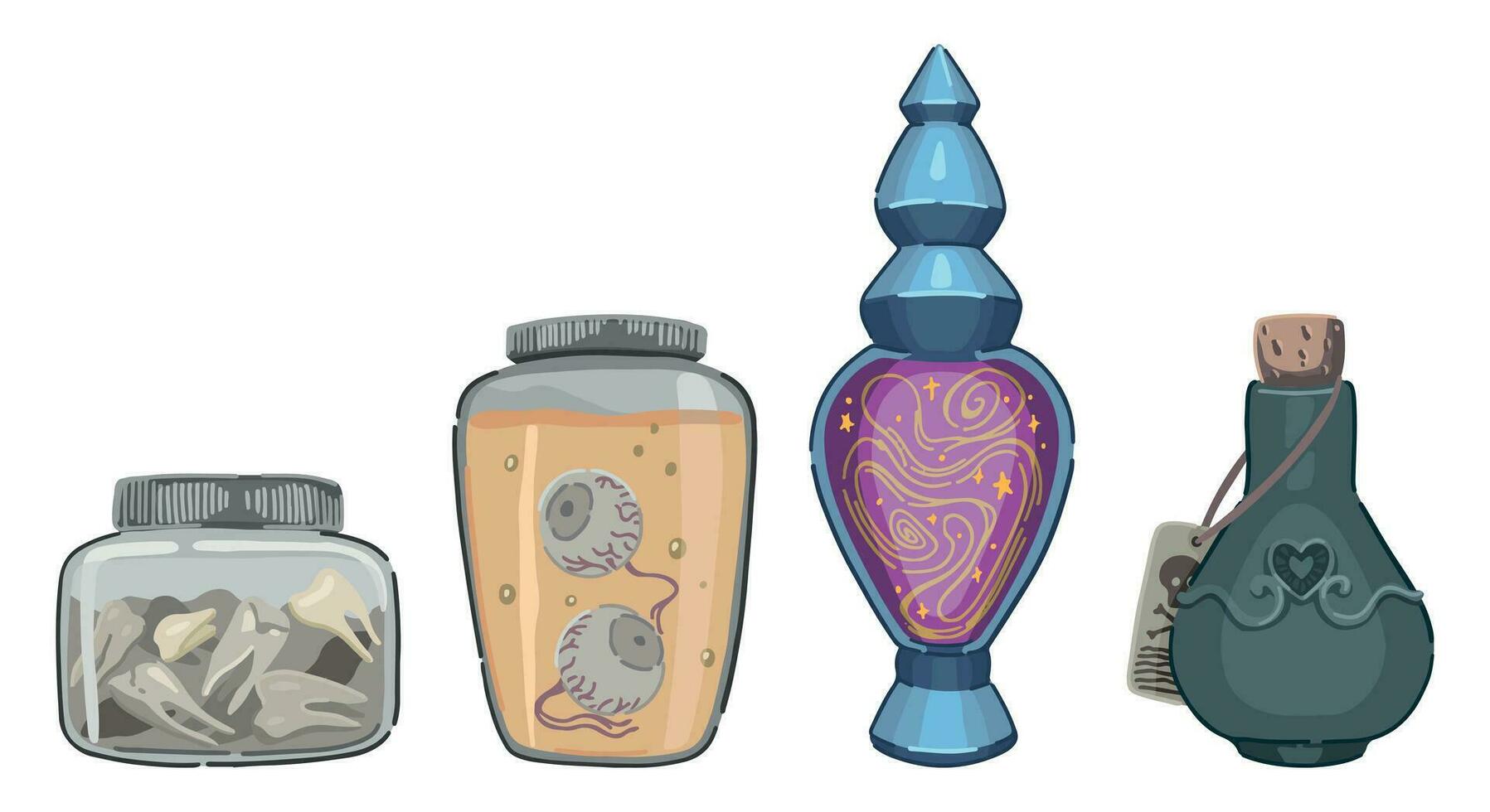 Witch jars doodles collection. Cartoon vector illustrations of glass bottles, mystical jars with eyes, teeth, love potion. Halloween mystery cliparts isolated on white.