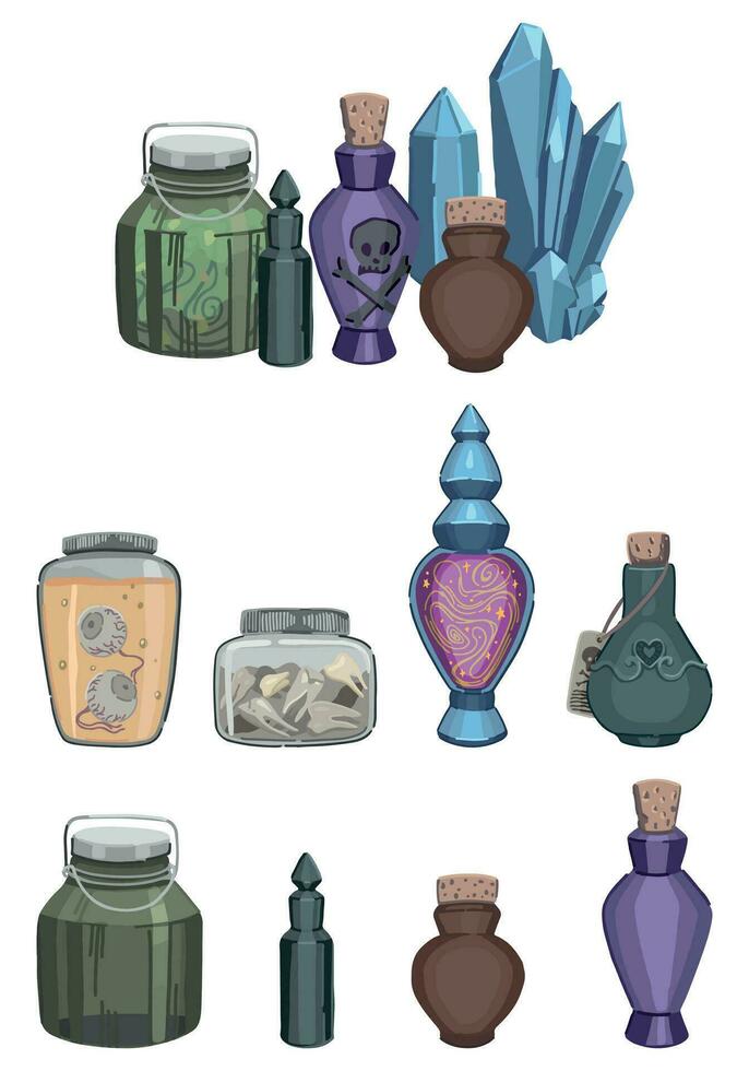 Witch jars doodles collection. Cartoon vector illustrations of glass bottles, mystical jars with eyes, teeth, love potion, crystals. Halloween mystery cliparts isolated on white.