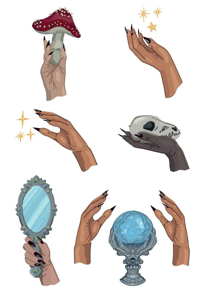 Set of witch hands. Sorcerer hand holds skull, mirror, poisonous mushroom, magic crystal ball. Vector illustration in cartoon style. Halloween mystery cliparts isolated on white.