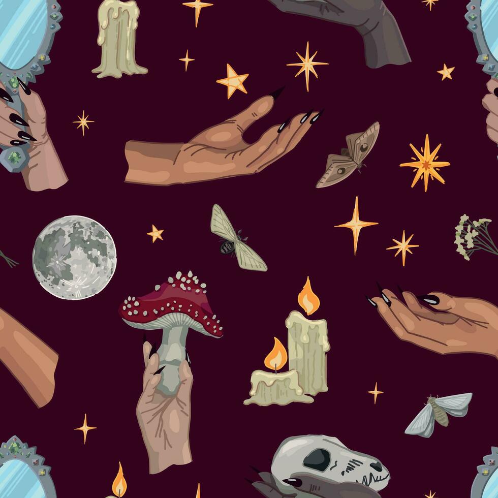 Witch hands seamless pattern. Ornament of sorcerer hand holds skull, mirror, poisonous mushroom, magic crystal ball. Halloween mystery vector illustration in cartoon style.