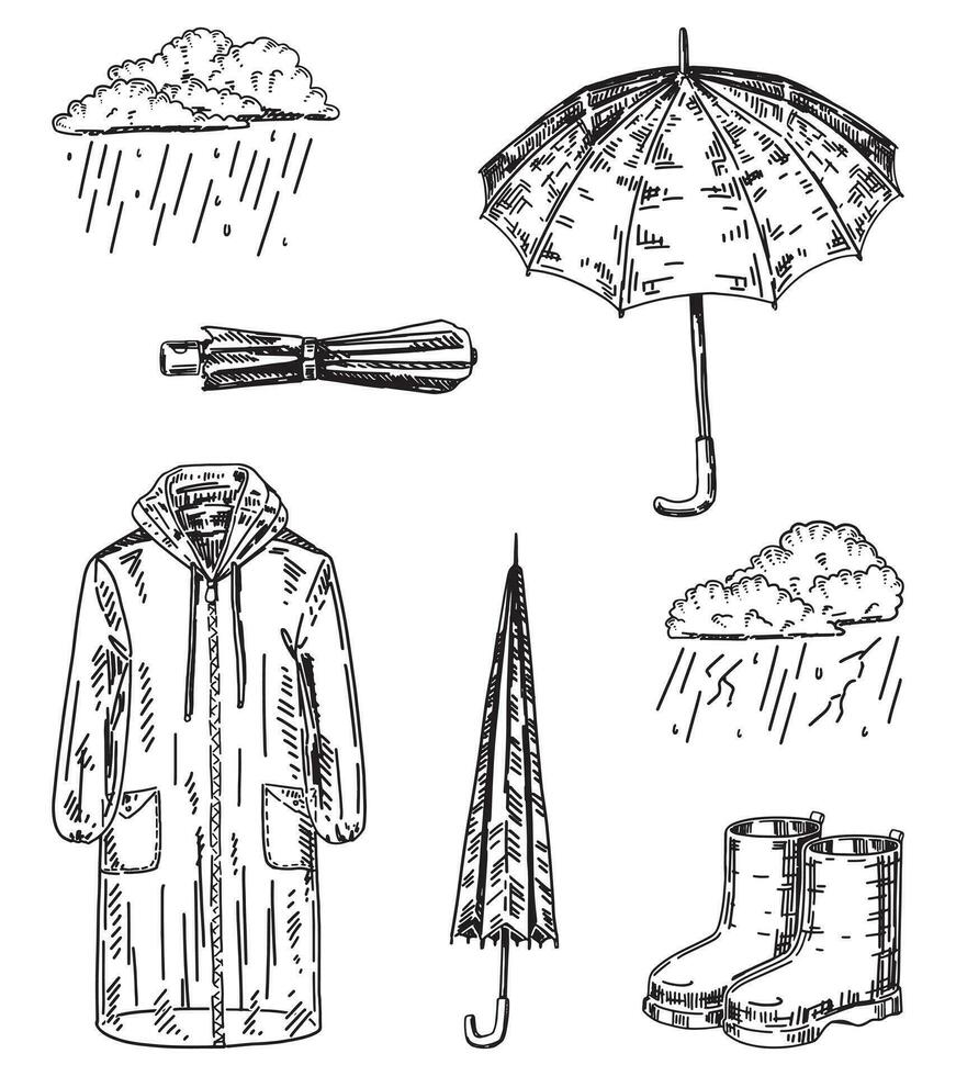 conjunto de lluvioso clima atributos bocetos de impermeable, caucho botas, sombrillas, trueno nubes mano dibujado vector ilustraciones. contorno clipart colección aislado en blanco.