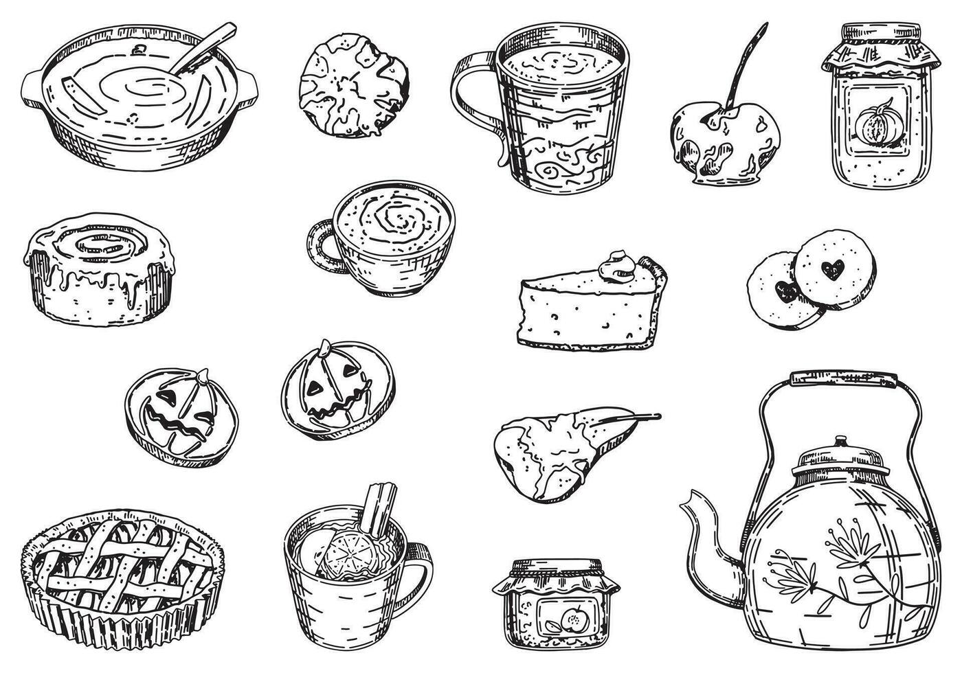 Outline clipart set of autumn food, drinks. Doodles of cozy beverages, homemade bakery, berry jam, cookies, baked apples and pears. Hand drawn vector illustrations collection isolated on white.