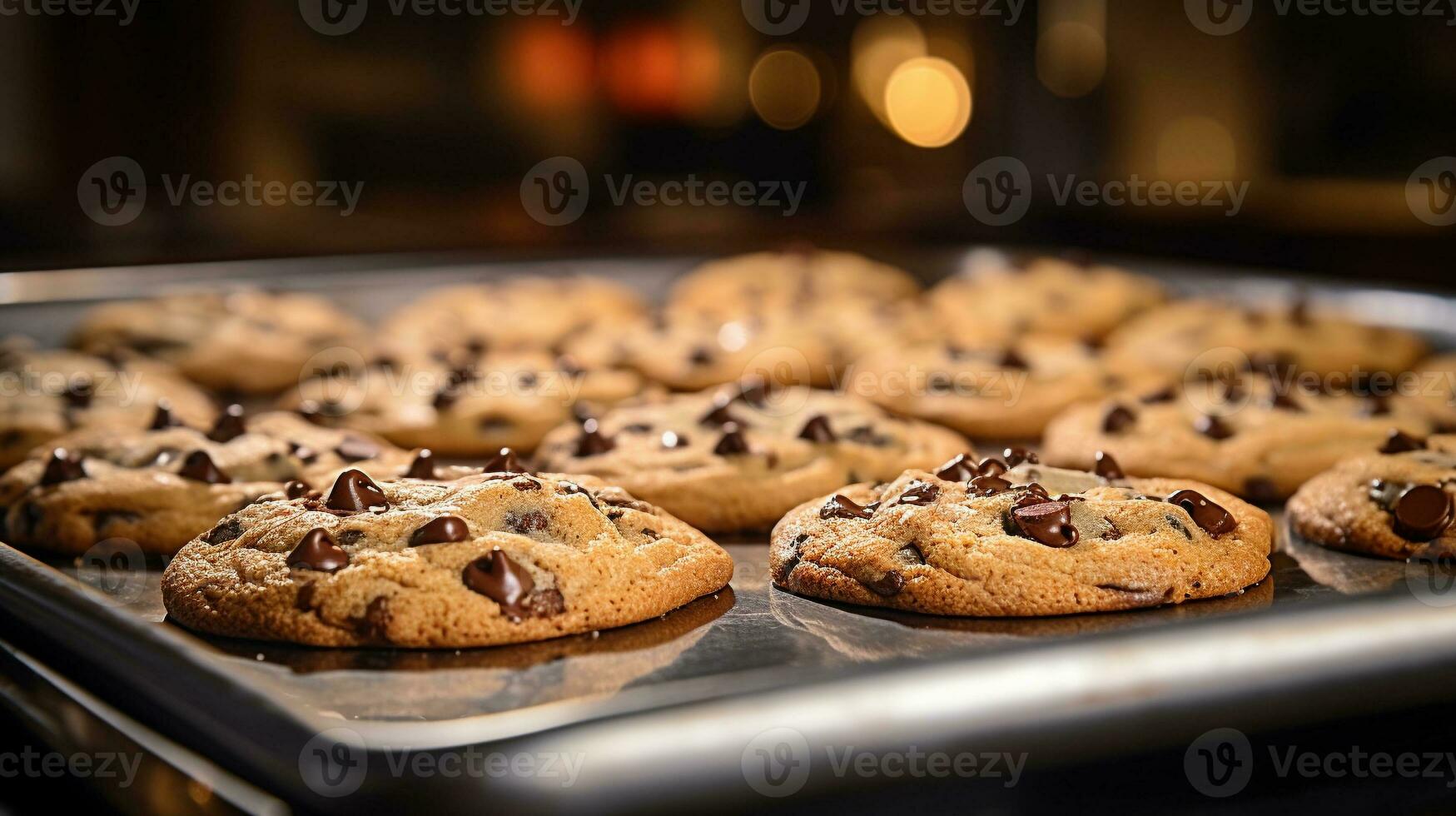 cookies on tray in the kitchen with blur background. close up and selective focus. generative AI photo