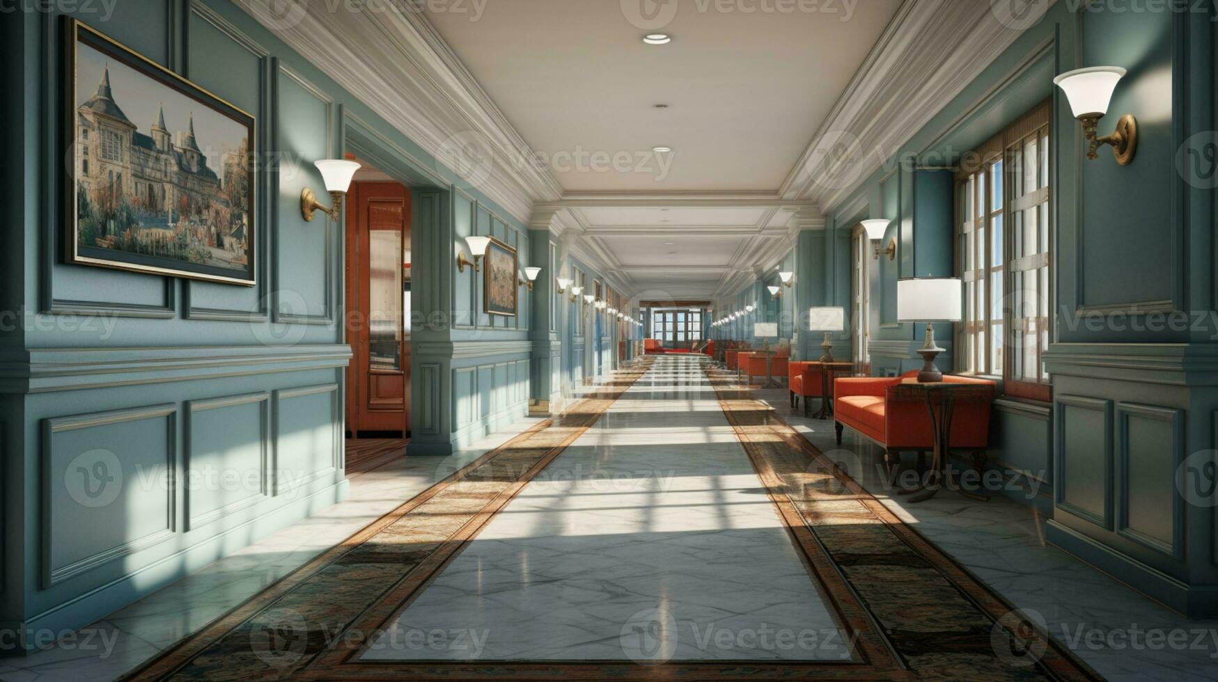 End of a long hallway Interior design, liminal space, hyper-realistic, AI Generated photo