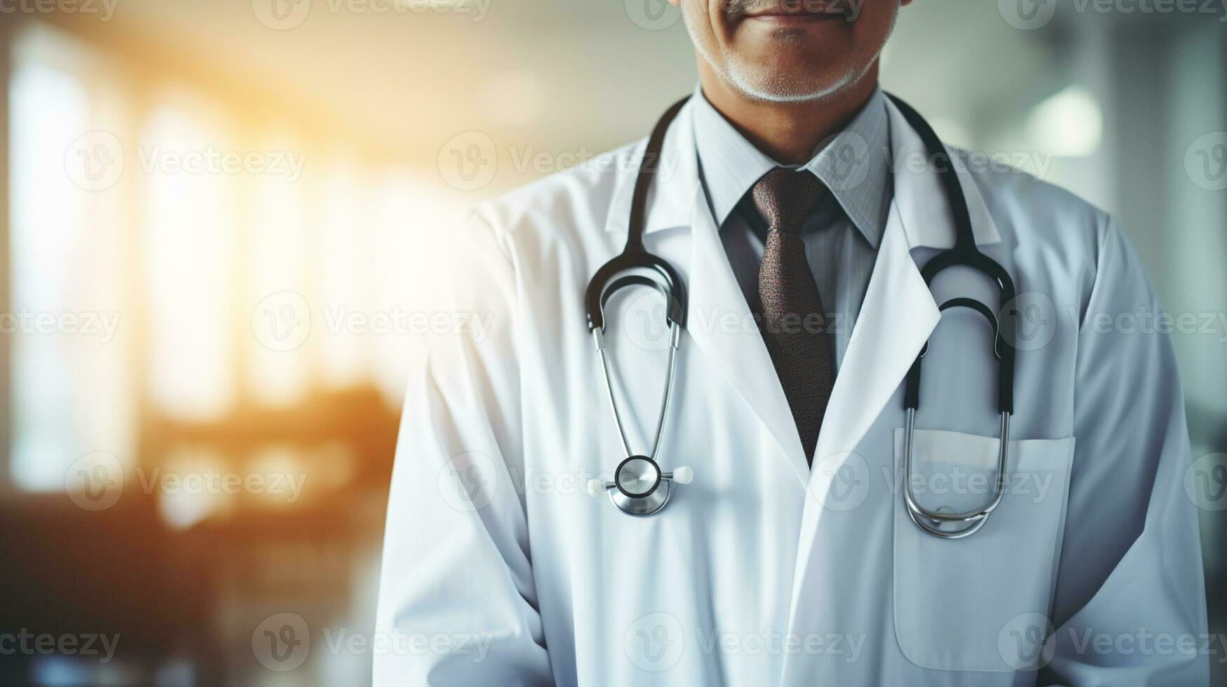 médico doctor, cruzar brazo, cerca - arriba en cofre área, estetoscopio, clínica, hospital habitación como fondo, ai generado, ai generativo foto