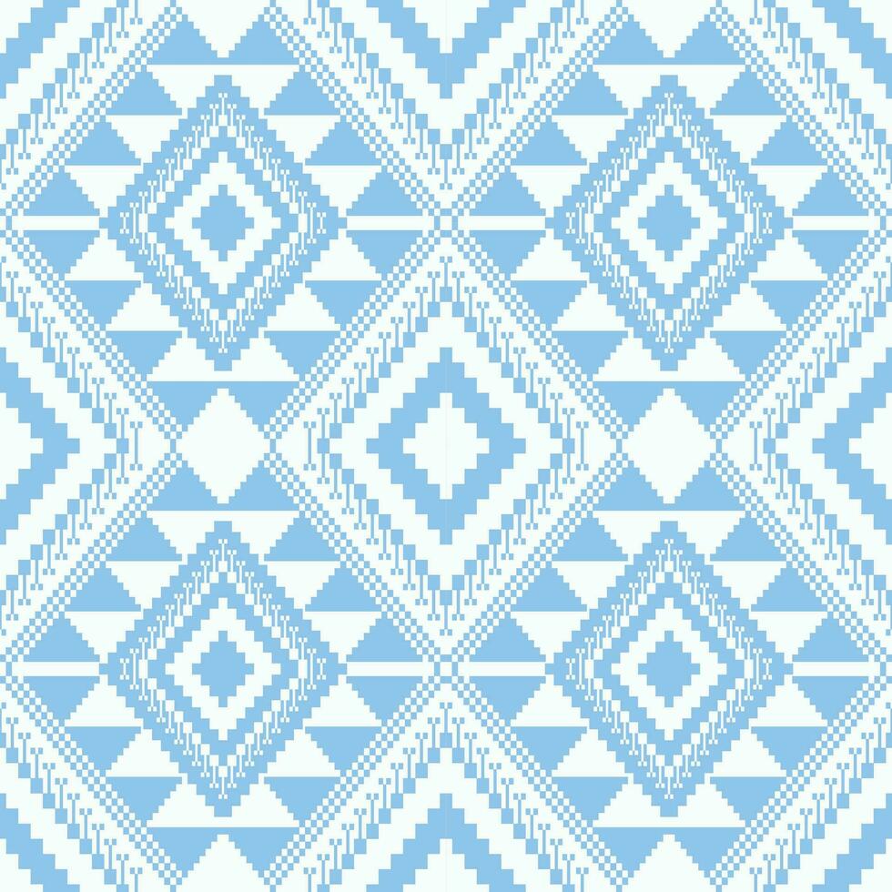 Aztec blue-white geometric pattern. Aztec geometric shape seamless pattern cross stitch style. Ethnic geometric stitch pattern use for textile, wallpaper, cushion, carpet, rug, upholstery, etc vector