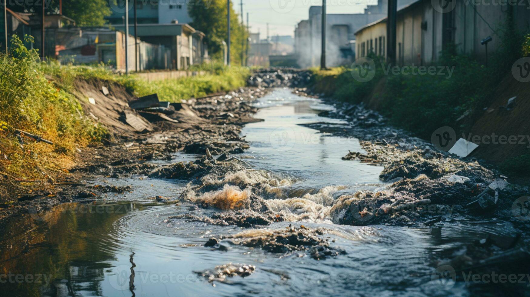 contaminado agua concepto, sucio agua fluye desde el tubo dentro el río, agua contaminación, ambiente contaminación, ai generativo foto