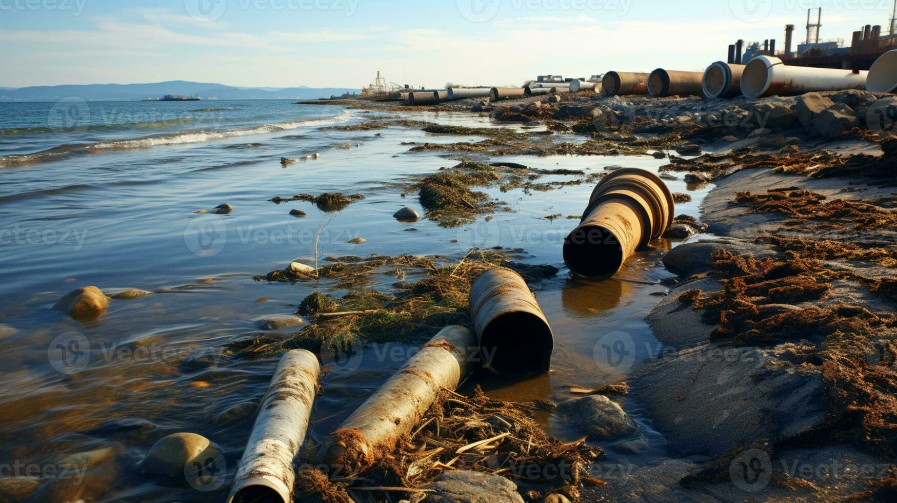 Contaminated water concept, Dirty water flows from the pipe into the river, sea, Water pollution, environment contamination, AI Generative photo