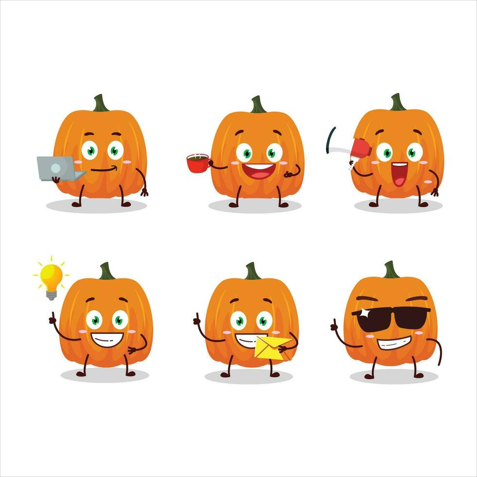 New pumpkin cartoon character with various types of business emoticons vector