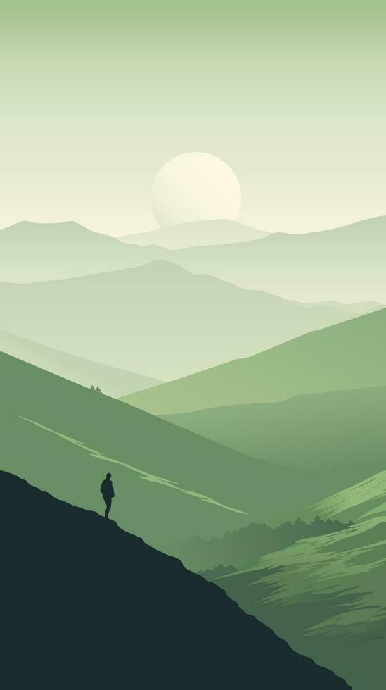 Lone Observer of the Mountain's Majesty. Vector minimalist illustration