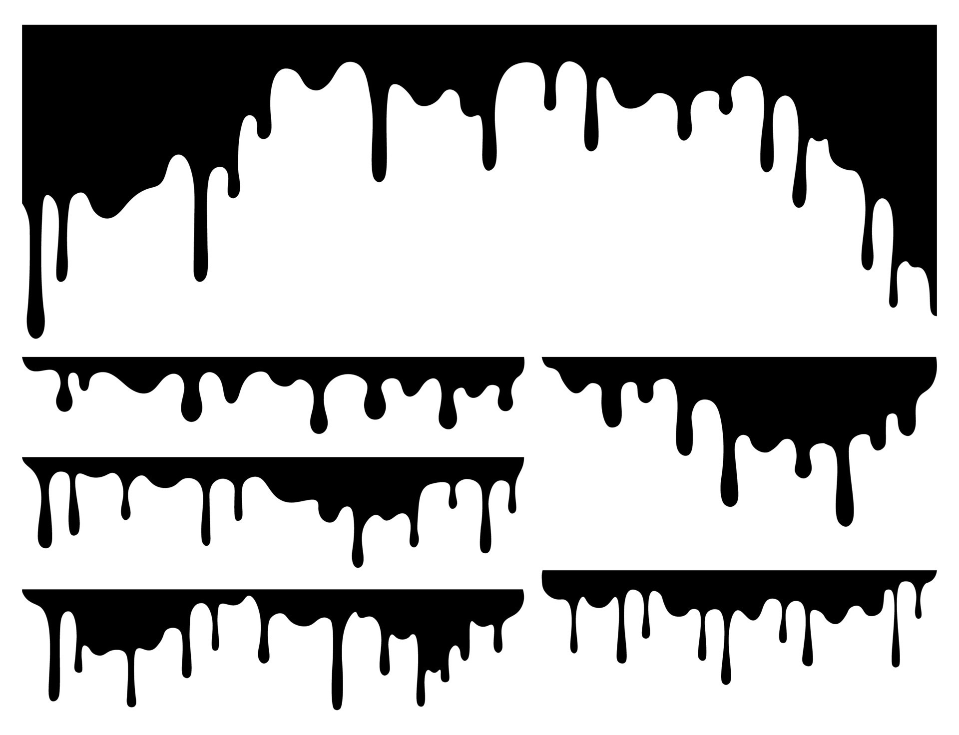 Black dripping or running liquid banner set. Paint drips isolated on