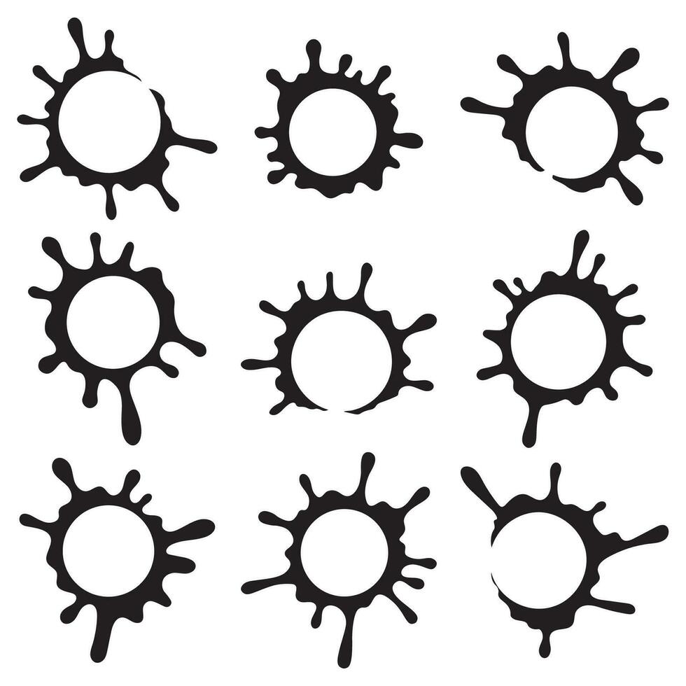 Set of black liquid marks of cup, splashes in flat style. Ink splatters, paint stains collection. Badge collection. vector