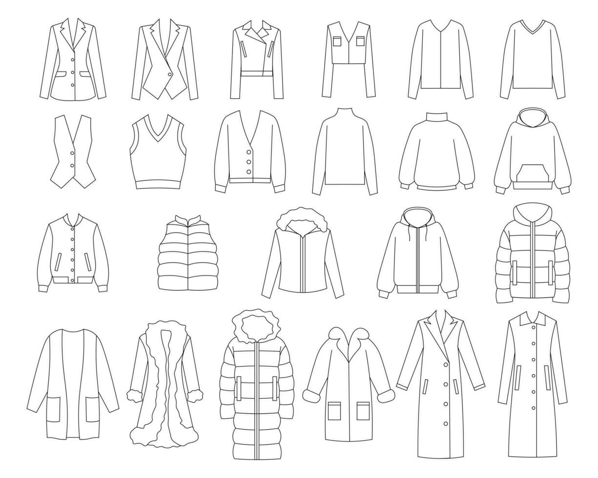 Set of clothes jacket, coat, sweatshirt, sweater, vest, outerwear, down-padded coat, fur coat vector