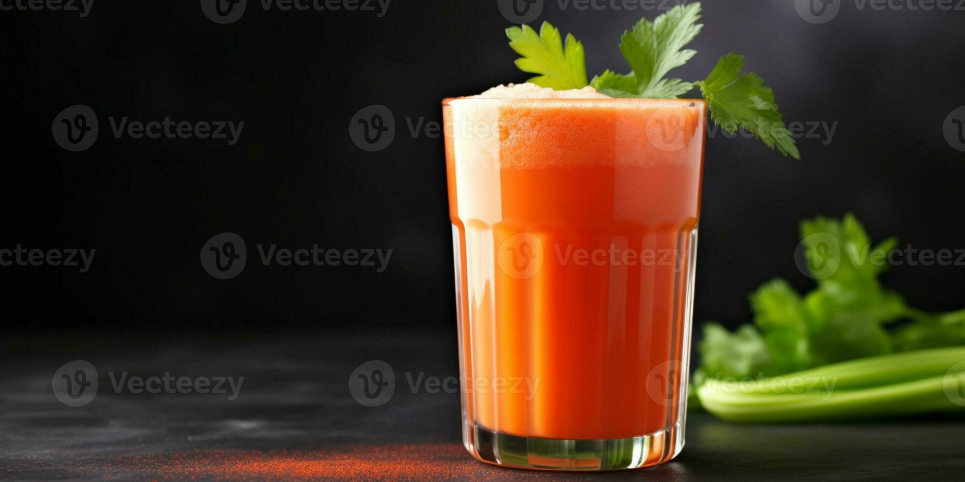 close up of Fresh Carrot Juice with vegetables, isolated on black background, copy space, AI Generative photo