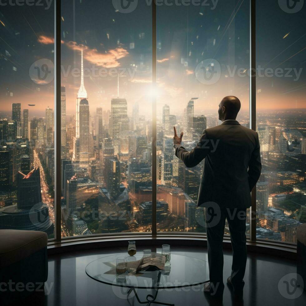 Back view of businessman looking at big modern city, planning future project, representing a positive situation of digital business opportunities AI Generated photo