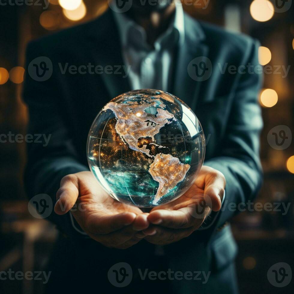 Business man holding crystal globe, Technology, network connection, artificial intelligence, innovation and futuristic. Process System, AI Generated photo