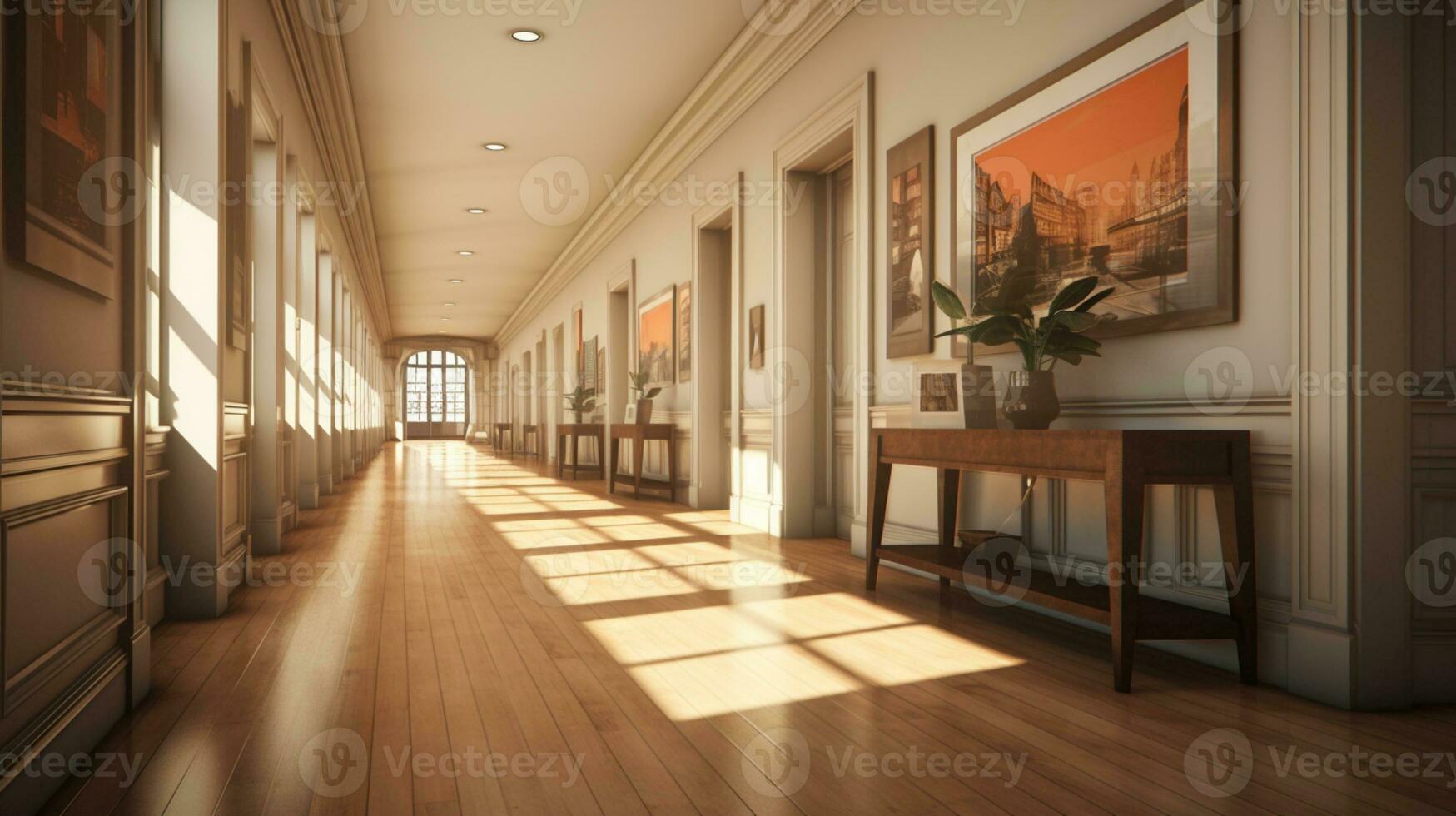 End of a long hallway Interior design, liminal space, hyper-realistic, AI Generated photo