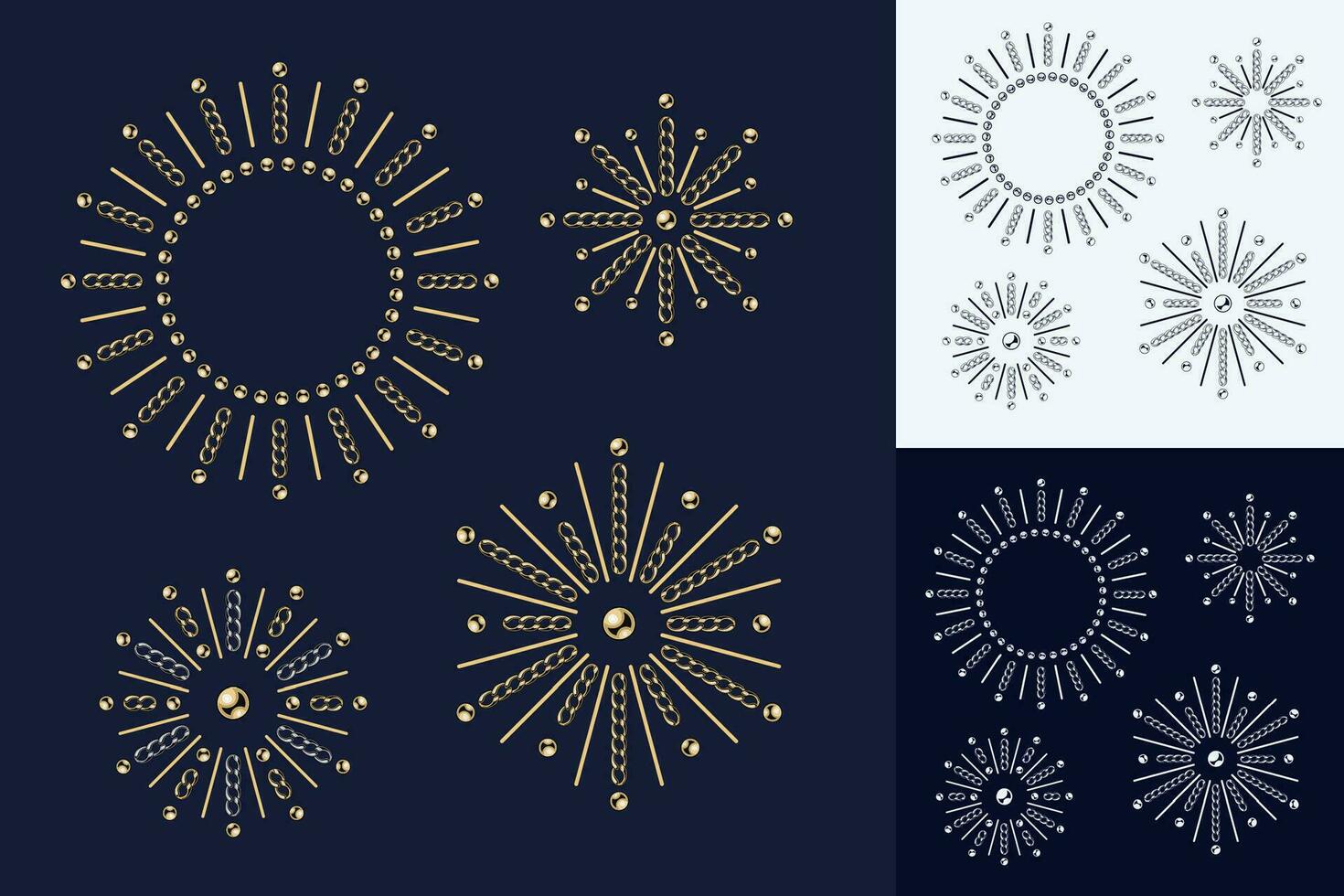 Fancy fireworks made of jewelry gold, silver chains, shiny ball beads vector