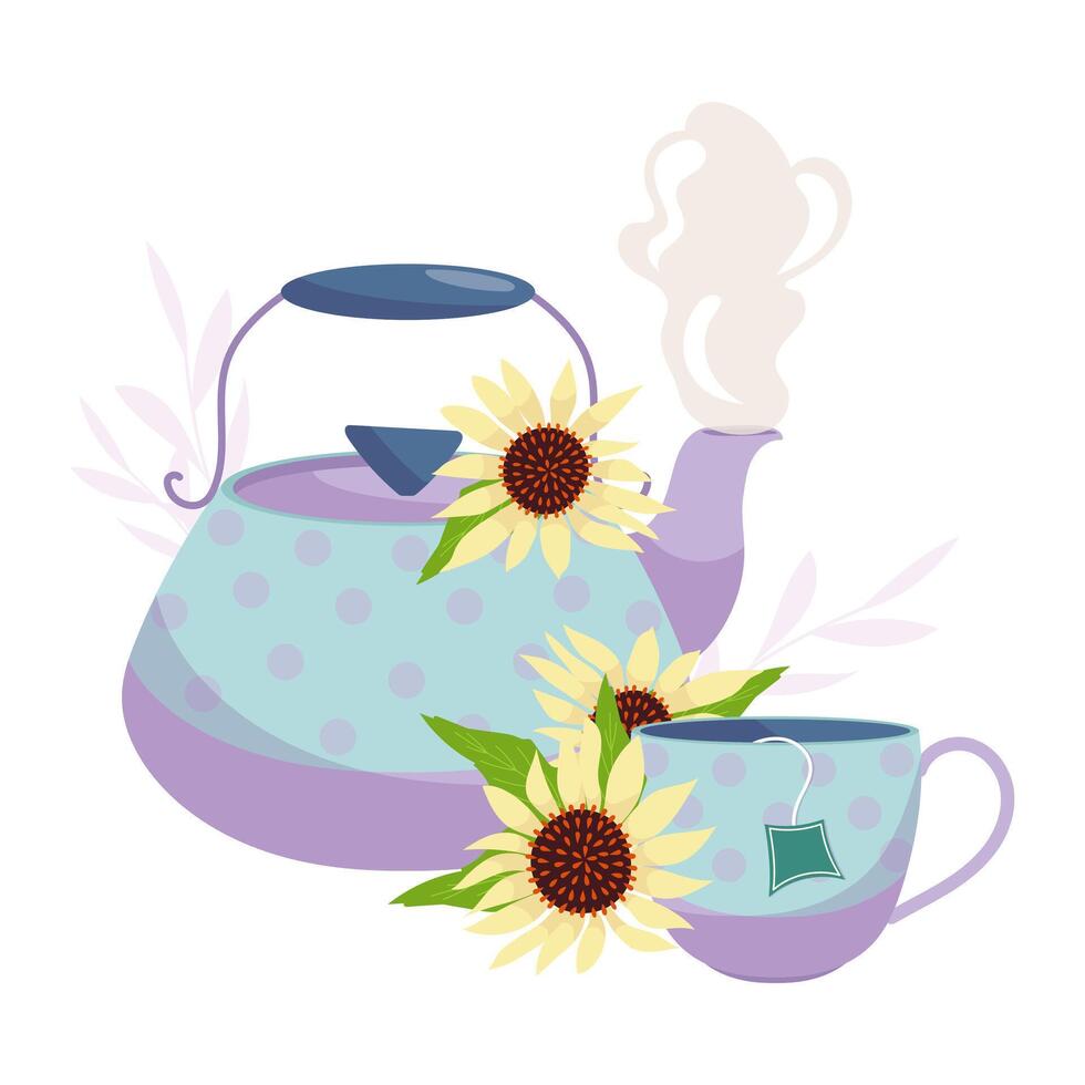 Boiling teapot with a cup of tea with echinacea on a white background vector