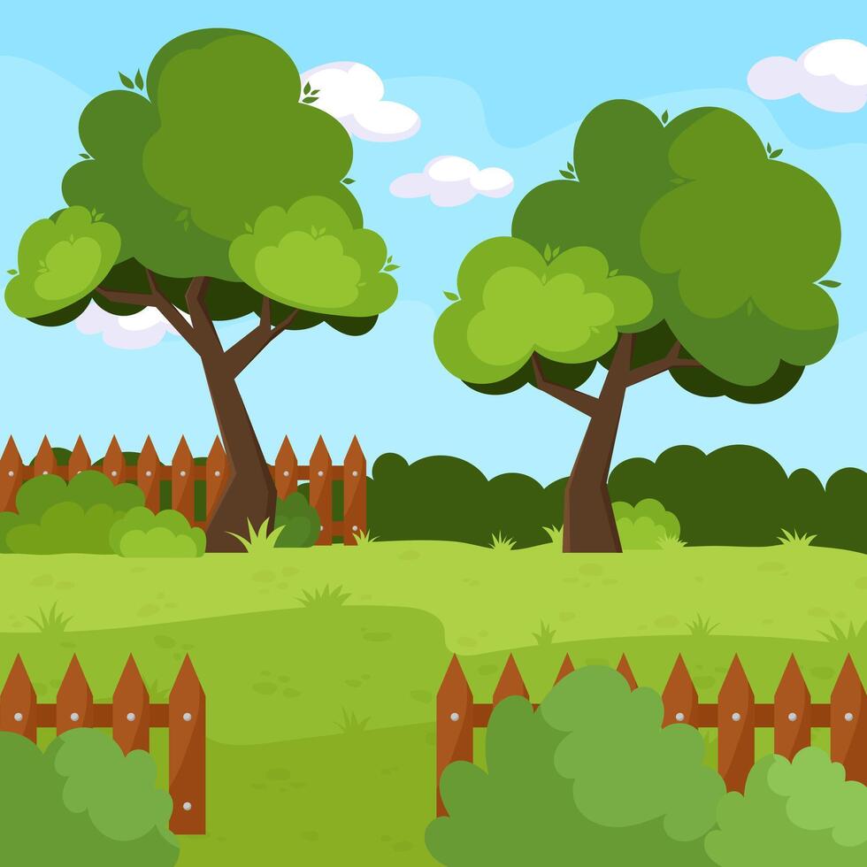 Nature.Background. Illustration of a landscape with trees, green grass, blue sky. Background in cartoon style. vector