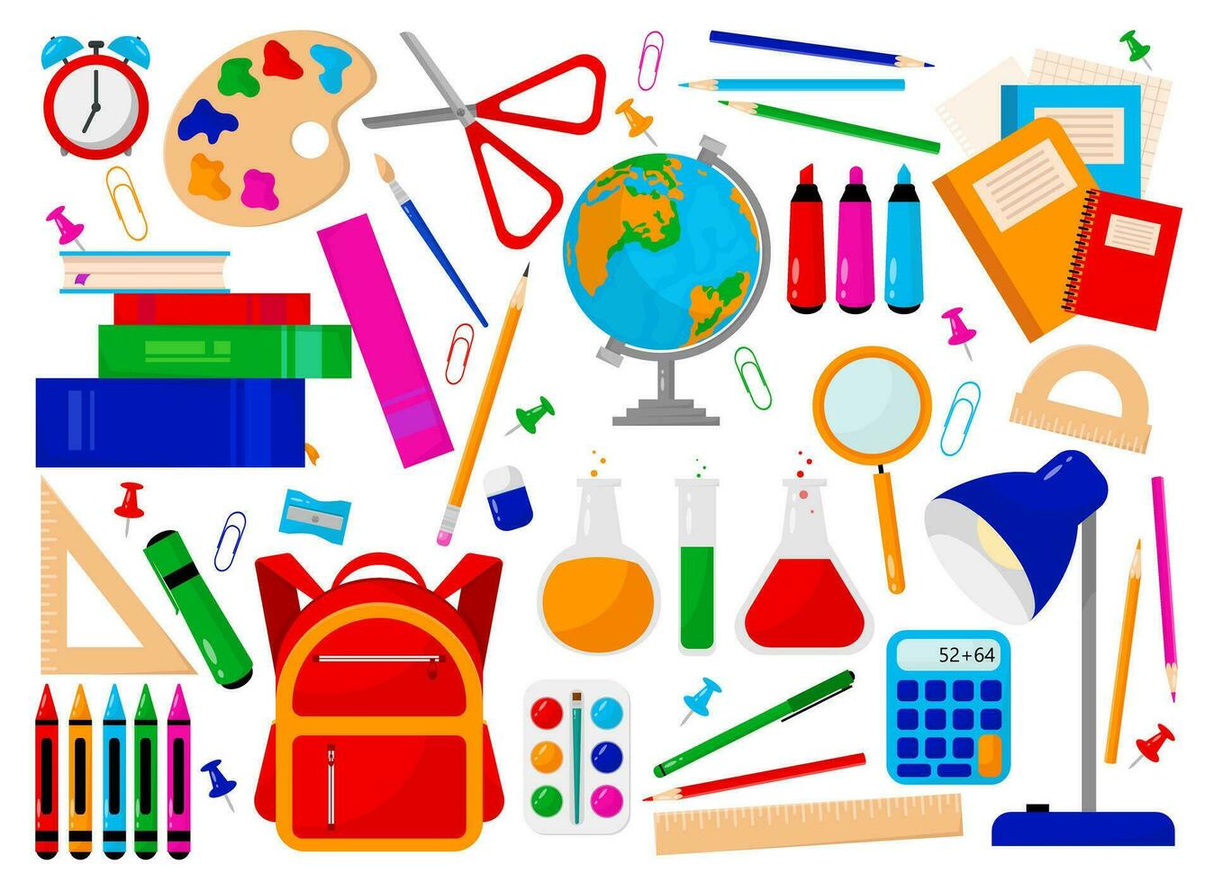 Big vector set of school items in flat style on a white background.