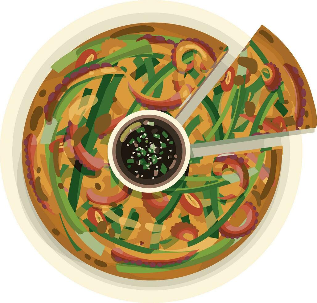 Top View Haemul Pajeon , Seafood Scallion Pancake illustration vector