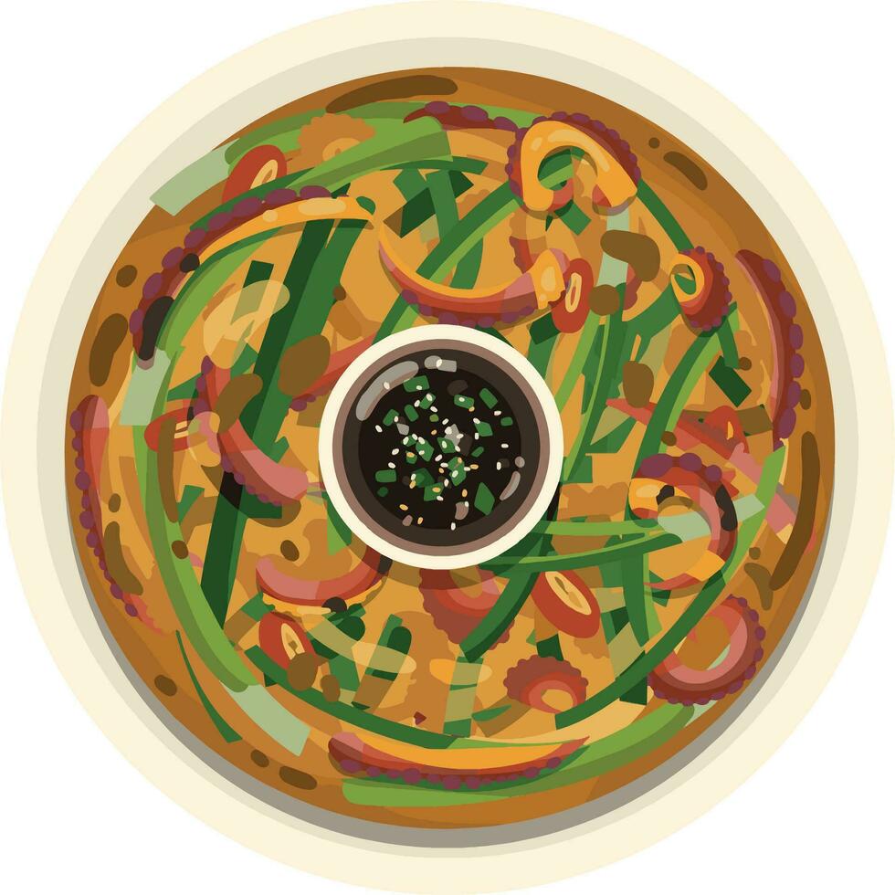 Top View Haemul Pajeon , Seafood Scallion Pancake Illustration Vector