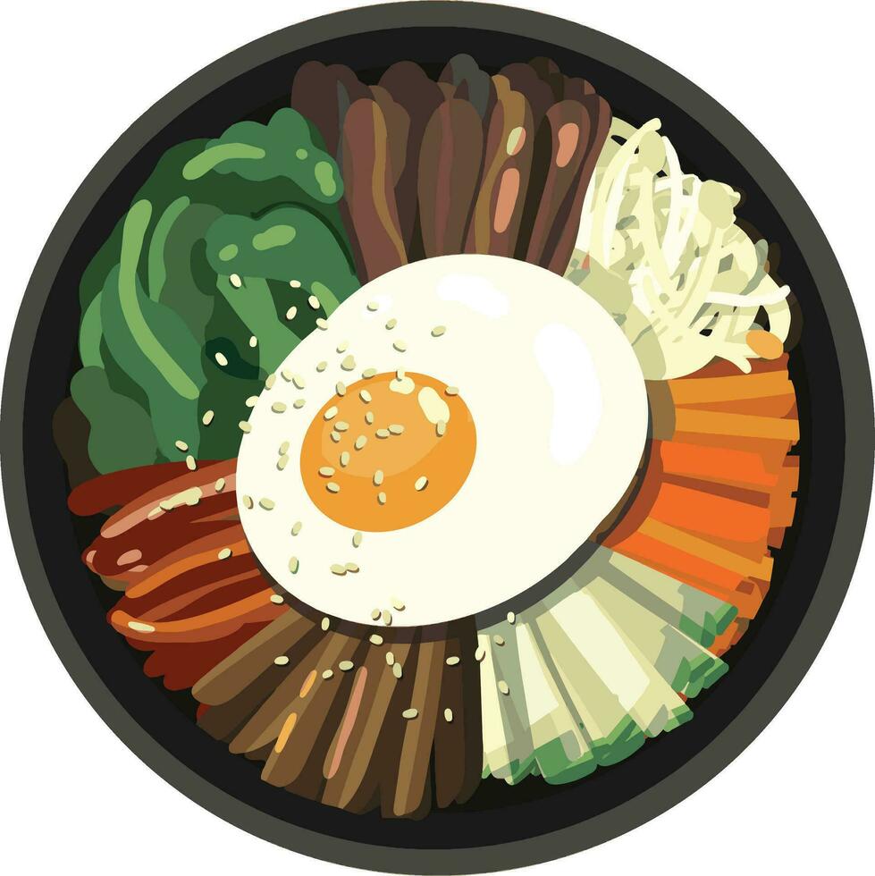 Top View Bibimbap , Korean Mixed Rice with Meat and Assorted Vegetables Illustration Vector