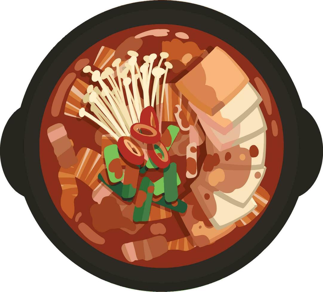 Top View Kimchijjigae , Kimchi Stew Illustration Vector