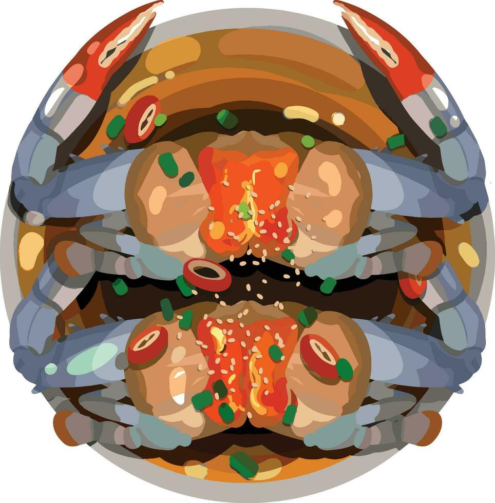 Top View Gangjanggejang Raw crab Marinated in Soy Sauce Illustration Vector