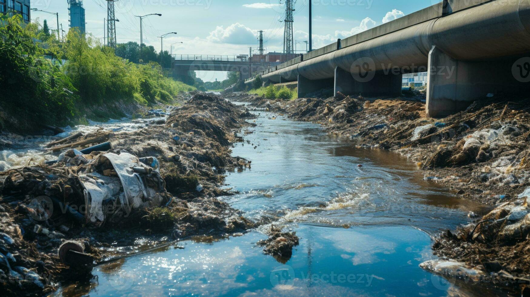 Contaminated water concept, Dirty water flows from the pipe into the river, Water pollution, environment contamination, AI Generative photo