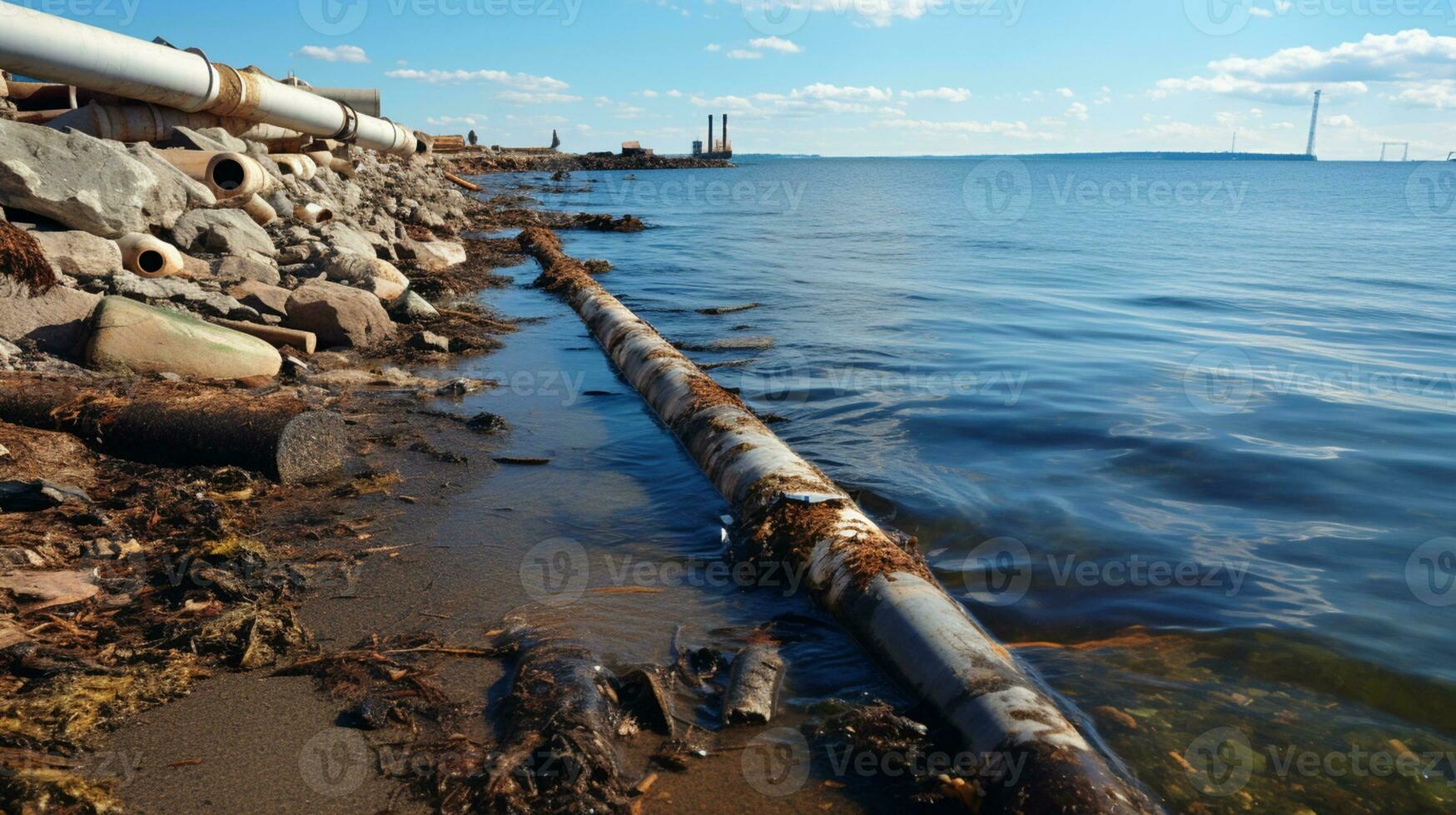 Contaminated water concept, Dirty water flows from the pipe into the river, sea, Water pollution, environment contamination, AI Generative photo