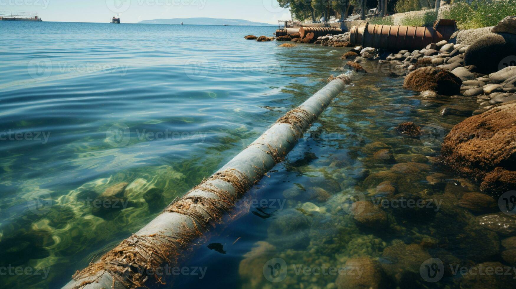 Contaminated water concept, Dirty water flows from the pipe into the river, sea, Water pollution, environment contamination, AI Generative photo