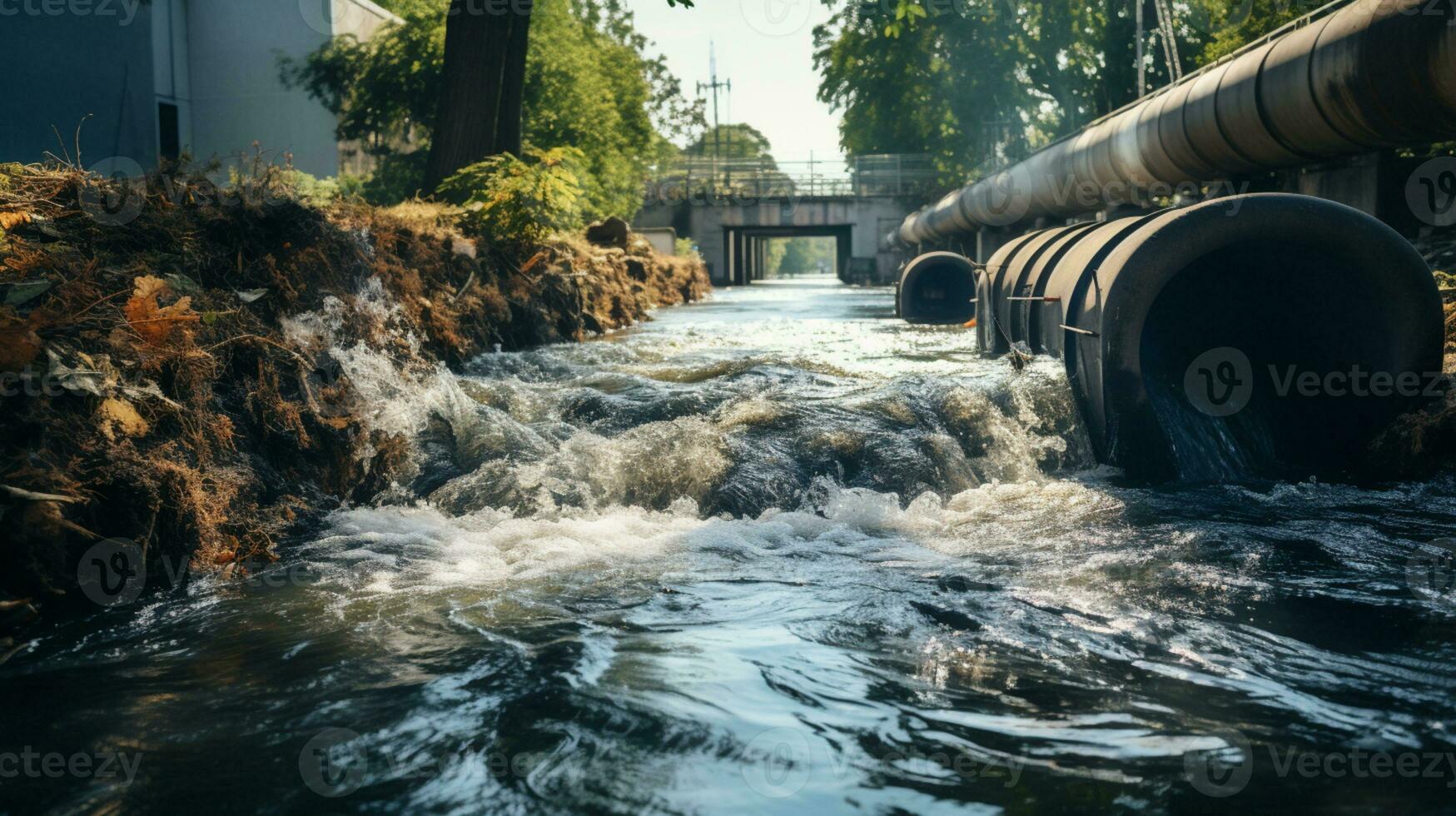 Contaminated water concept, Dirty water flows from the pipe into the river, Water pollution, environment contamination, AI Generative photo