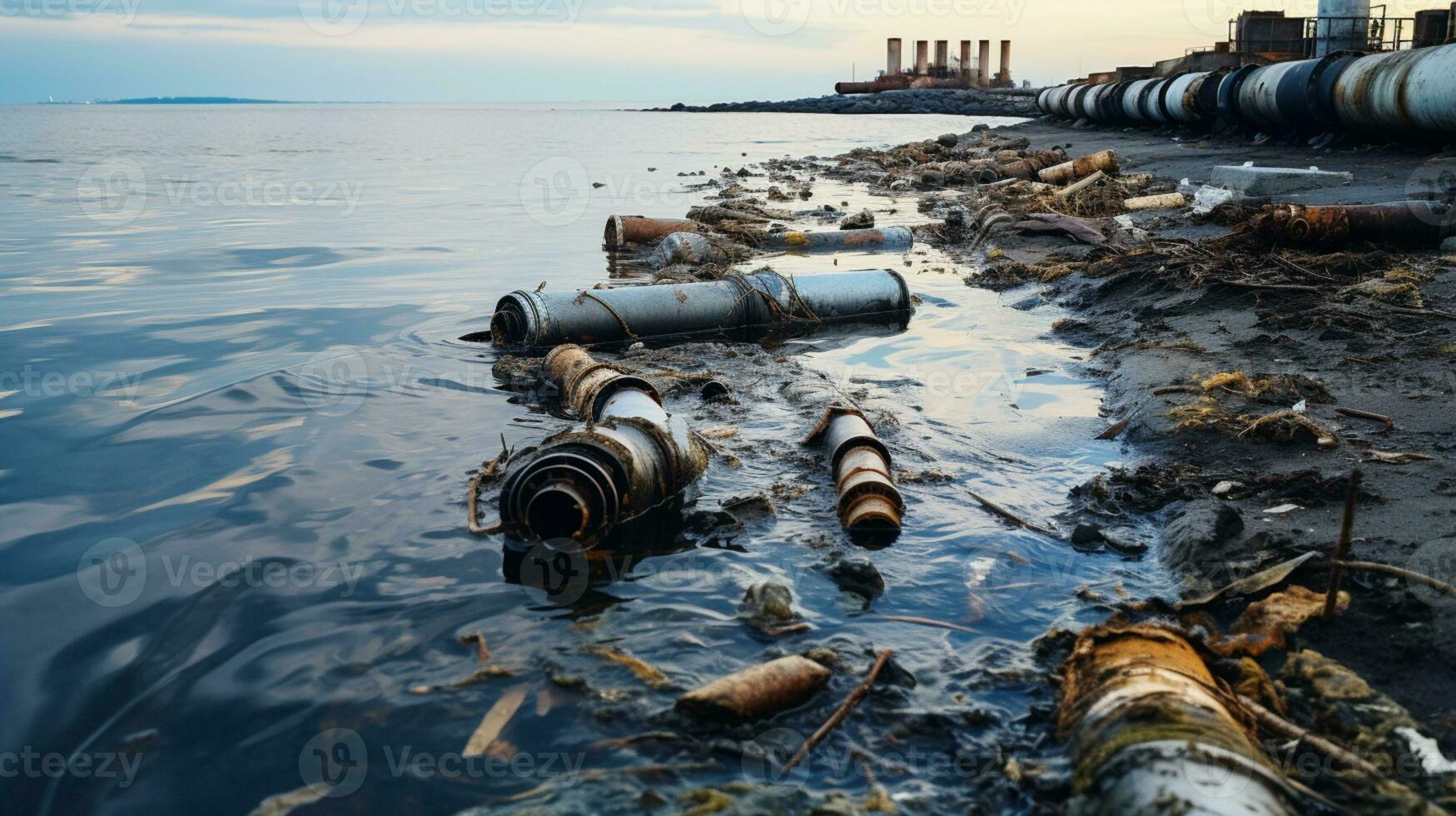 Contaminated water concept, Dirty water flows from the pipe into the river, sea, Water pollution, environment contamination, AI Generative photo